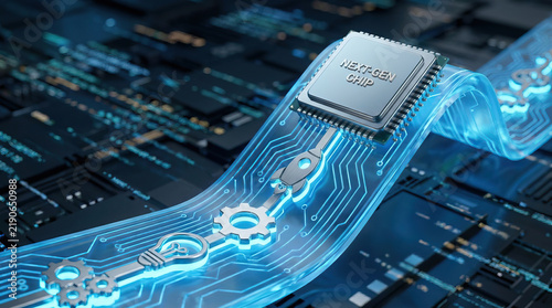 Extreme close up of futuristic processor chip on glowing circuit board with flowing pathways, gears, and blue technology illumination expressing advanced innovation