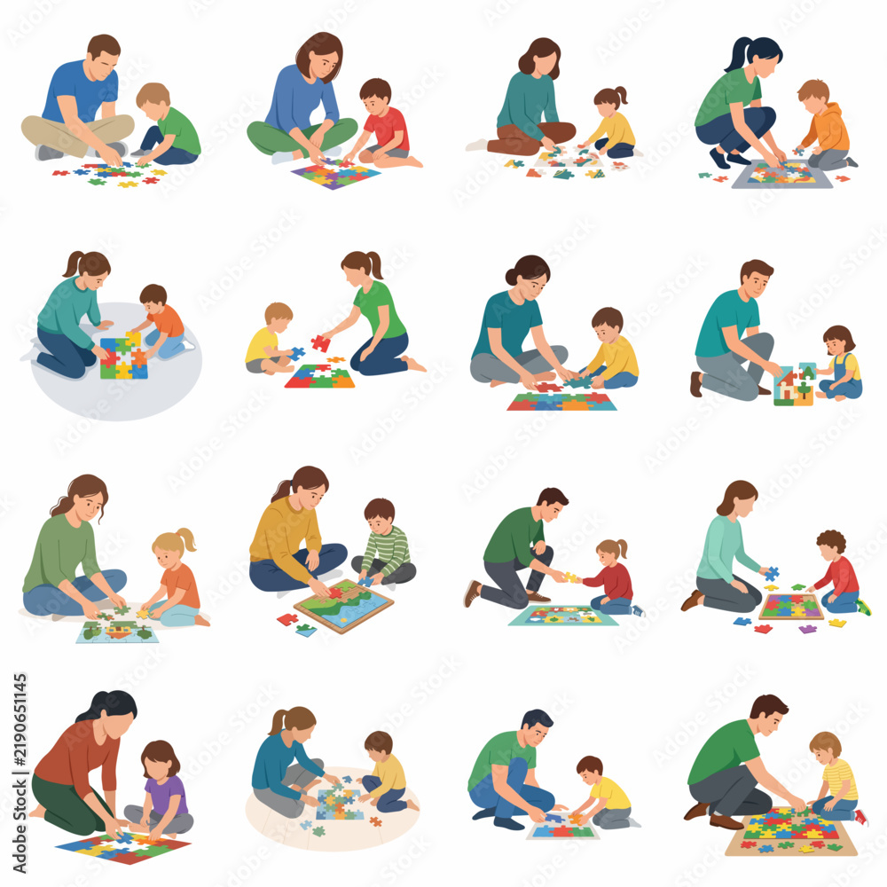 Fototapeta premium Collection of vector illustrations showing adults and toddlers engaging with educational activity boards, focusing on preschool learning, early development, and interactive teaching scenes.