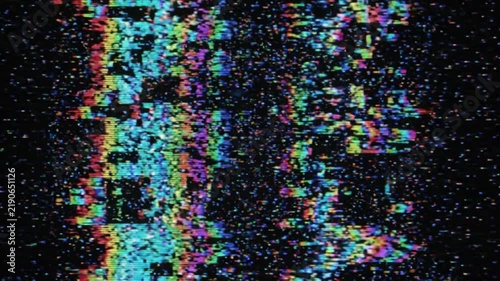 Animated glitch screen with digital distortion, flicker, and signal interference for transition