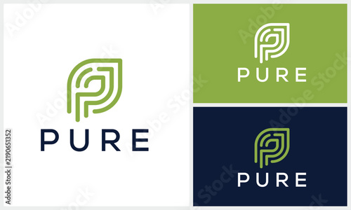 Minimalist letter P with leaf pure for nature logo design
