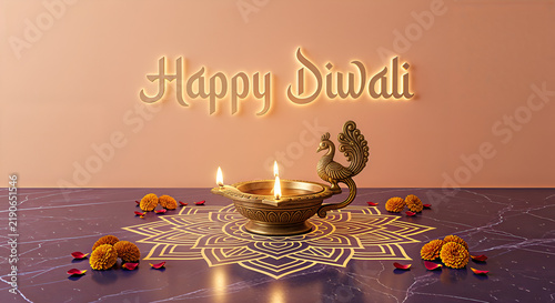 Happy Diwali Greeting background with decorative brass peacock diya, flower rangoli, and copy space
