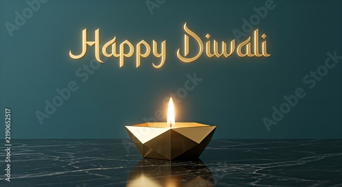 Geometric gold oil lamp burning brightly with Happy Diwali text on dark marble table