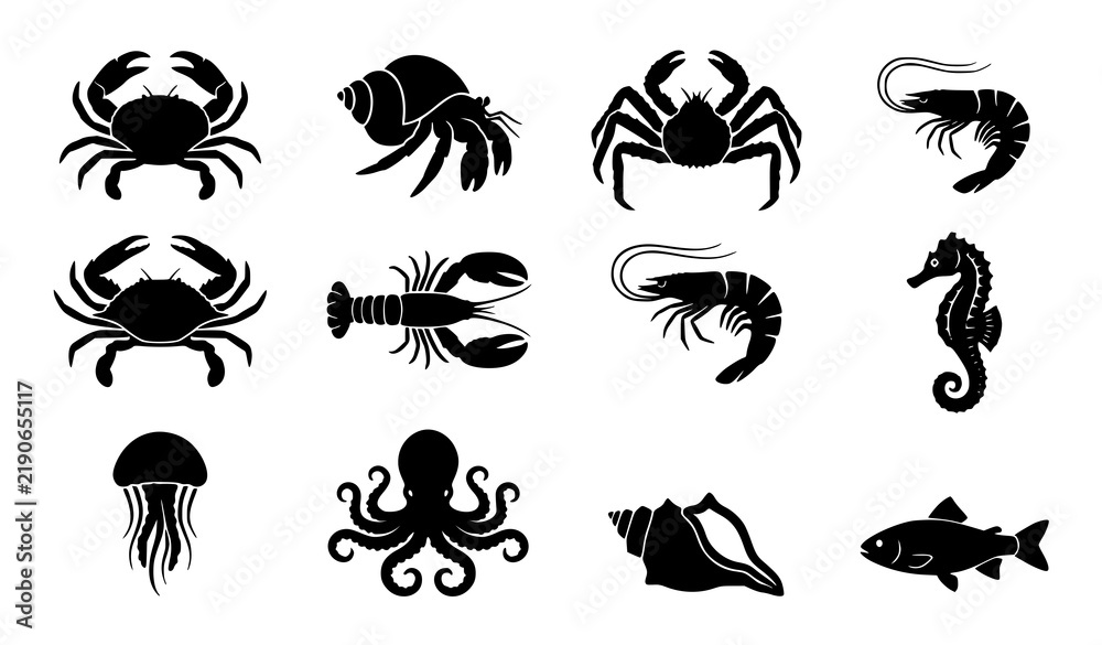 Obraz premium Sea Life and Seafood Silhouette Vector Icon Set with Crab Lobster Octopus and Shells for Restaurant Branding