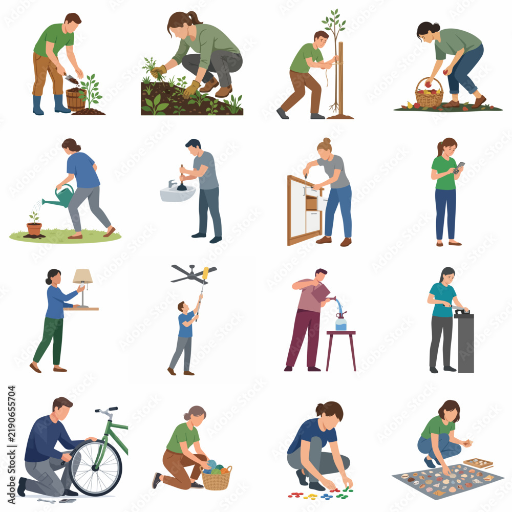 Fototapeta premium Set of 16 Flat Vector Illustrations Featuring People Engaged in Gardening Household Chores DIY Home Maintenance and Leisure Hobbies Isolated on White