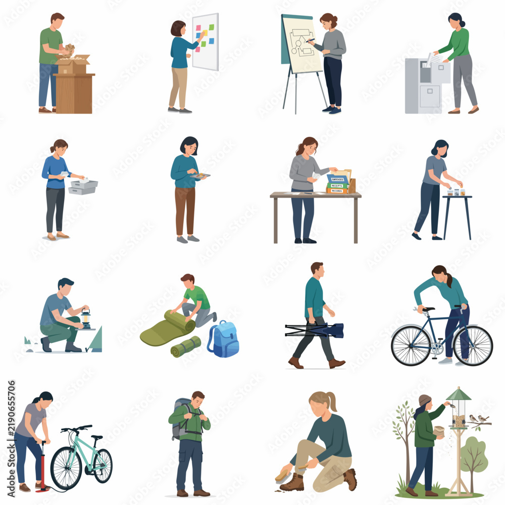 Fototapeta premium Large collection of flat vector illustrations featuring diverse people performing office tasks and enjoying outdoor recreational activities like camping and cycling.