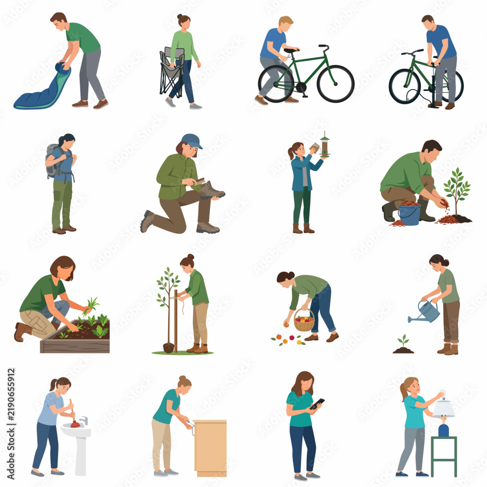 Fototapeta premium Collection of flat vector illustrations depicting people engaged in various DIY home maintenance gardening and outdoor recreational activities isolated on white background