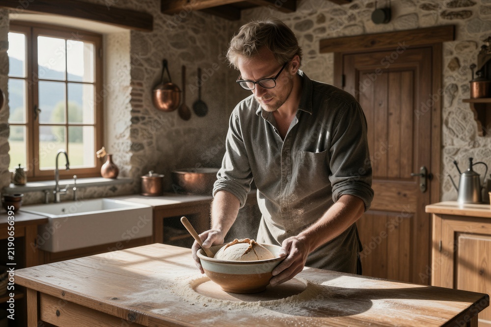 Obraz premium A man in a gray button-down shirt prepares dough amidst warm stone walls and wooden beams in a cozy farmhouse kitchen.