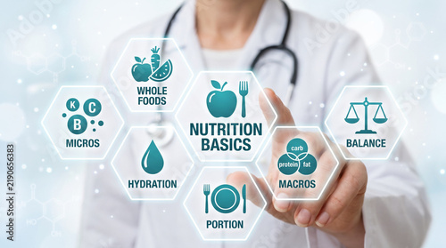 Doctor presenting nutrition basics infographic with macros, micros, hydration, and balance icons on blue background