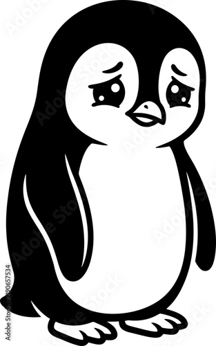 Cute sad little penguin cartoon character standing and looking down feeling lonely and depressed