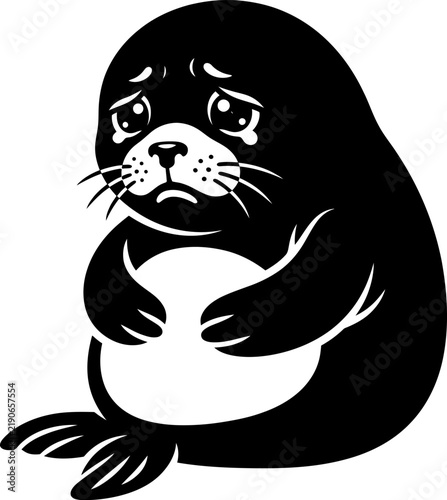 Cute sad baby seal cartoon character crying with big eyes vector illustration