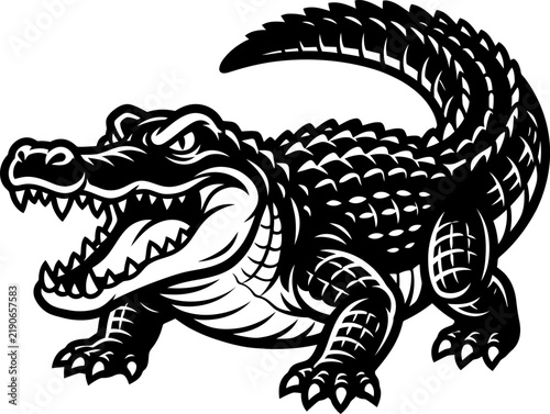 Aggressive alligator mascot illustration with sharp teeth in a bold black and white graphic style