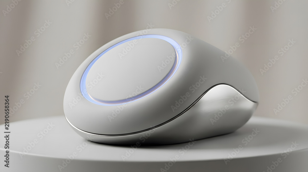 Obraz premium A futuristic white computer mouse with glowing blue light rests on a table surface indoors.