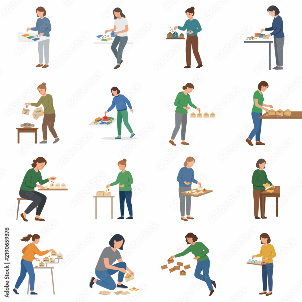 Fototapeta premium Set of vector illustrations featuring diverse people gardening and planting flowers. Isolated characters on white background engaged in potting watering and plant care for hobby and nature themes