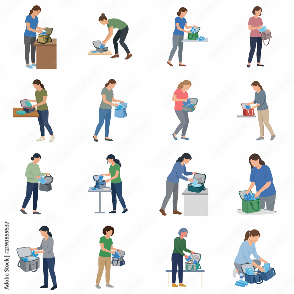 Fototapeta premium Flat vector illustration set of women performing various household laundry chores including washing and folding clothes, isolated on white background for lifestyle concepts and infographics.