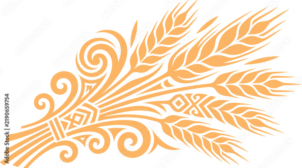 Fototapeta premium Wheat sheaf tribal tattoo style vector illustration with bundled stalks and swirling geometric patterns golden orange design