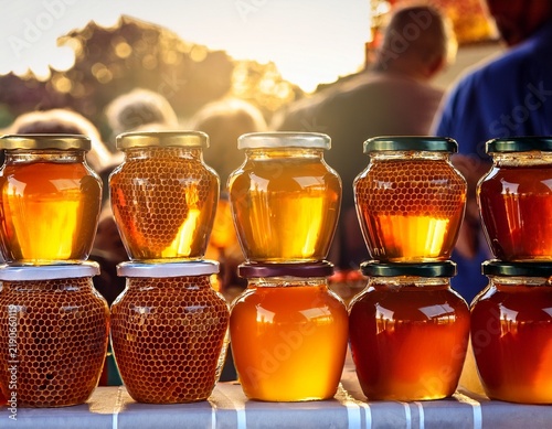 honey jars with honeycombs at a market stall