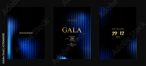 Gala Blue Abstract Gradient Invitation Poster Set with Soft Light Reflections and Deep Black Luxury Layout for VIP Celebration, Wedding, Birthday, Anniversary and Elite Branding Vector Illustration