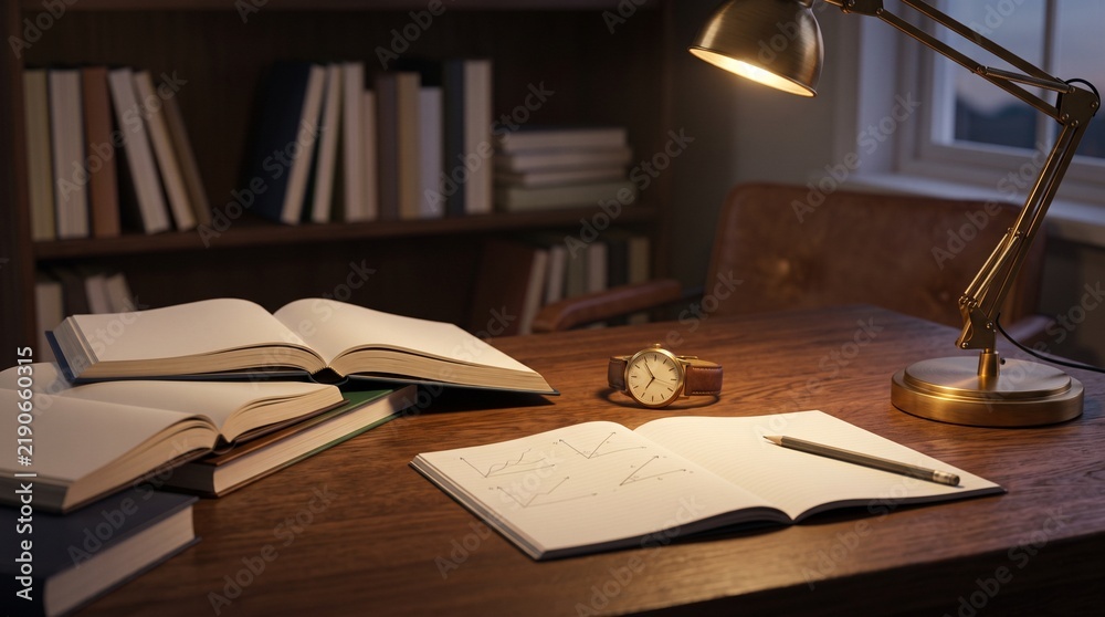 Fototapeta premium Open notebooks with physics graph drawings, wrist watch, and warm brass desk lamp on a dark wooden study table symbolizing late night education and academic research