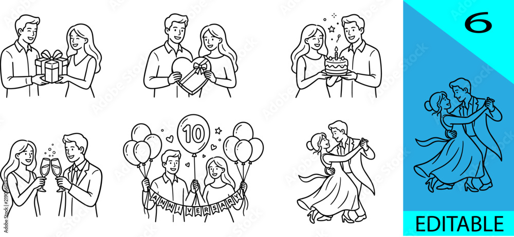 Obraz premium Collection of 6 couple celebrating anniversary and birthday party line icons with gift cake dance editable vector illustration