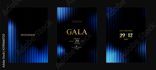 Gala Blue Abstract Gradient Invitation Poster Set with Soft Light Reflections and Deep Black Luxury Layout for VIP Celebration, Wedding, Birthday, Anniversary and Elite Branding Vector Illustration