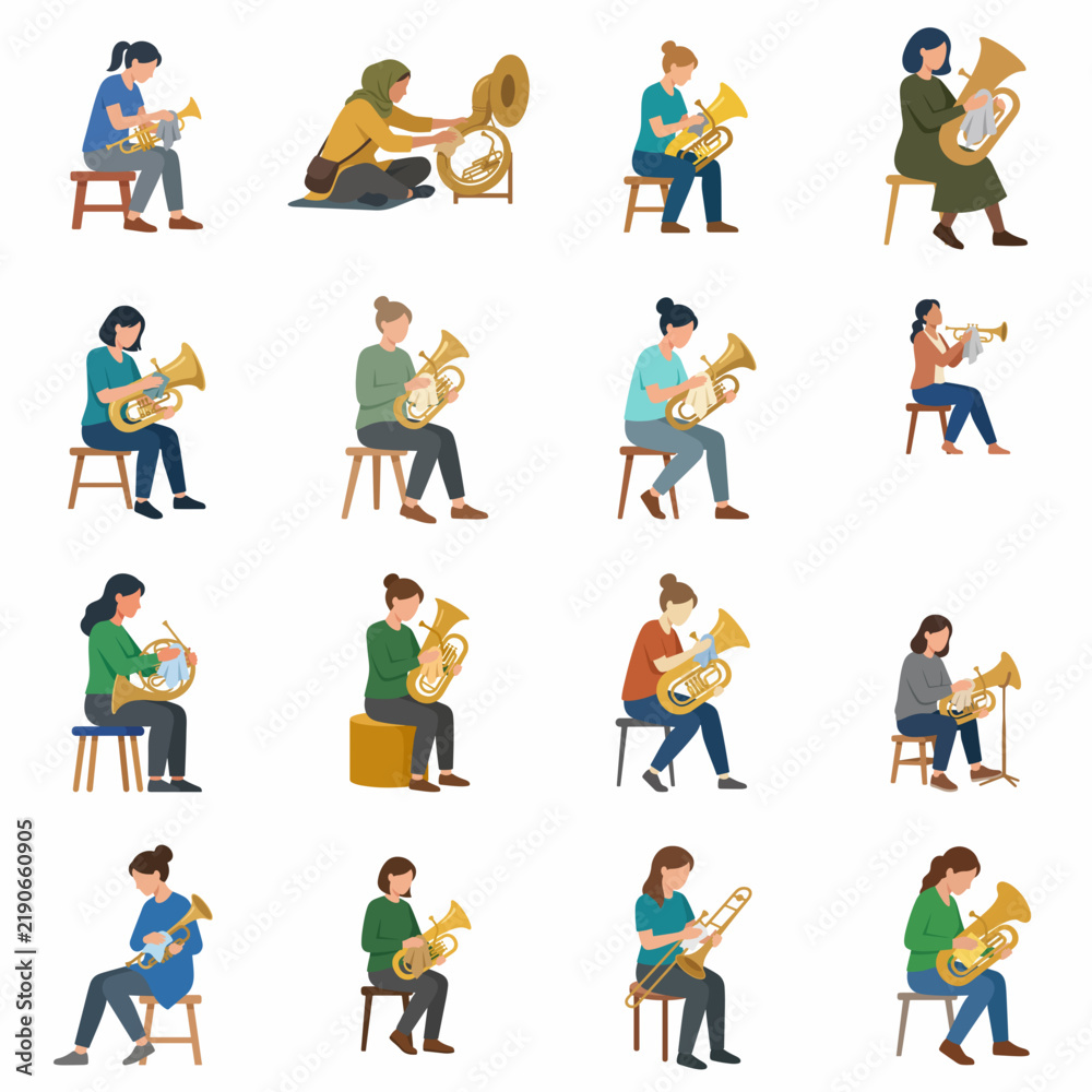 Fototapeta premium Vector illustration set of diverse female musicians playing brass instruments including tuba and euphonium while sitting, isolated on a white background.