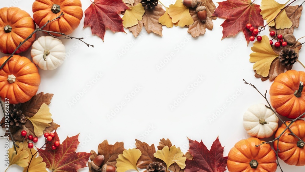 Fototapeta premium Fall background with orange pumpkins and fall leaves on a light surface