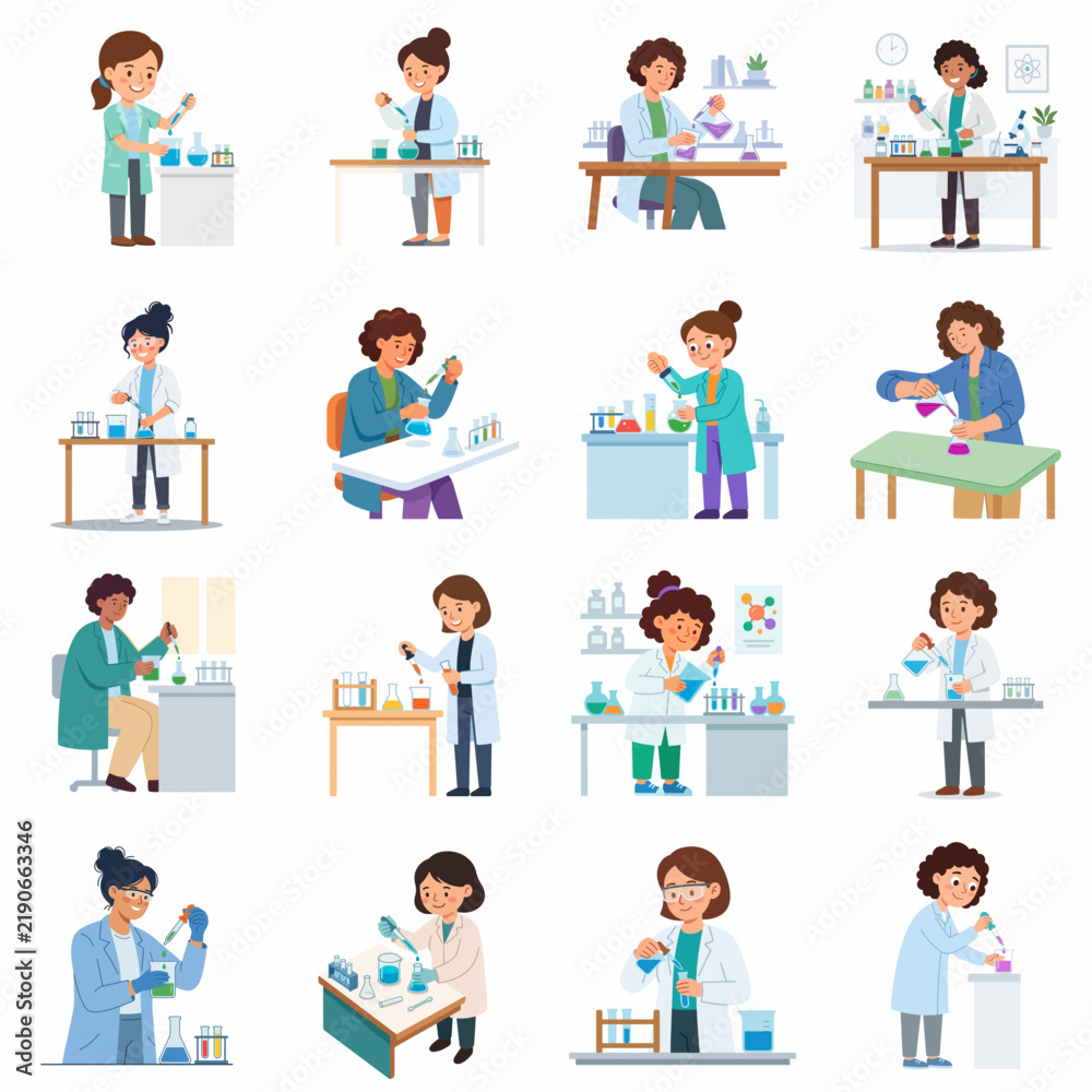 Fototapeta premium Vector collection of sixteen diverse female scientists conducting experiments with laboratory equipment, microscopes, and chemical flasks for medical research and STEM education themes.