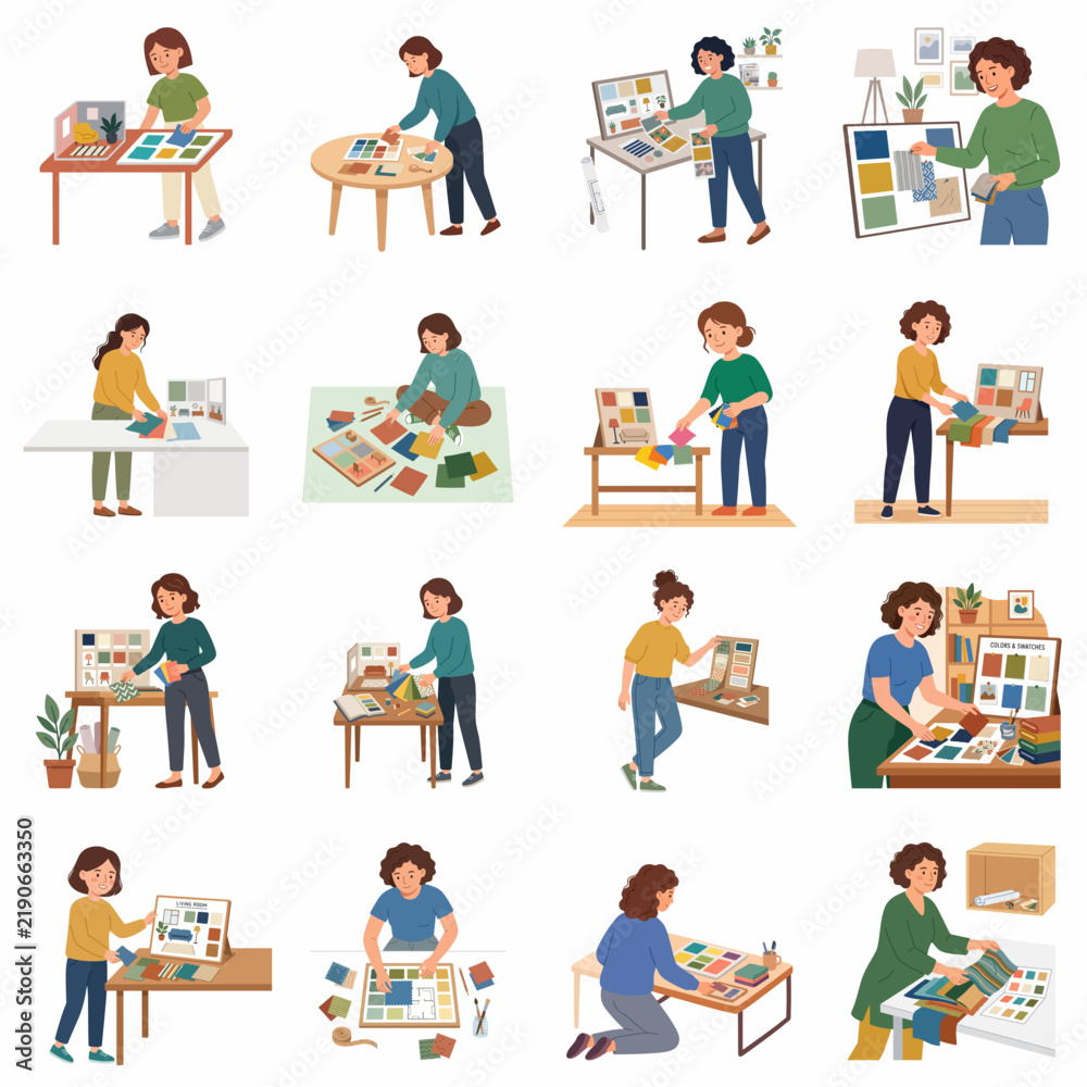Fototapeta premium Creative female character set engaged in DIY crafts, scrapbooking, and journaling at home office desks, flat vector illustration isolated on white background for hobby and leisure projects.