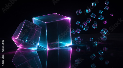 Translucent glowing cubes in cyan and magenta hues float on a reflective black surface, creating a futuristic abstract composition. Podcast cover for digital technology and data