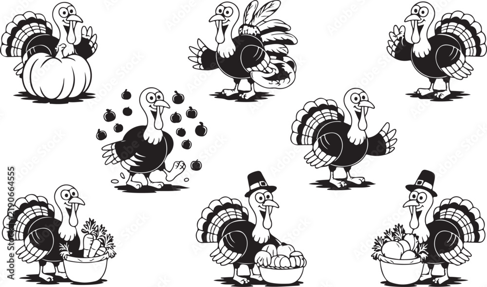 Fototapeta premium Thanksgiving turkey vector cartoon set with funny characters holding pumpkins, apples, and vegetables in black and white style