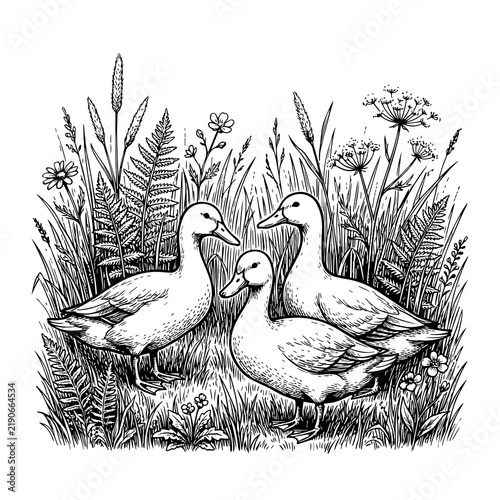Black and white ink drawing of three ducks standing in tall grass and ferns