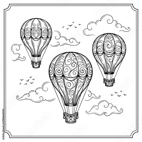 Vintage hot air balloons in the cloudy sky with birds outline drawing