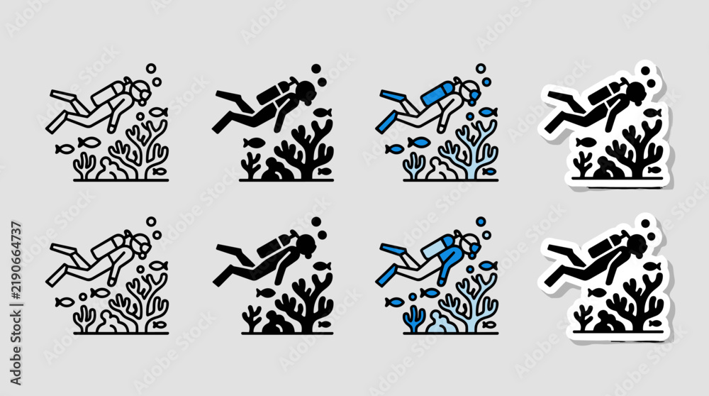 Fototapeta premium Scuba diving underwater icon set presentation board featuring diver corals fish in line glyph color and sticker styles