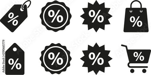 Set of discount icons with percentage symbols, including price tags, badges, shopping bag, and shopping cart, flat vector design