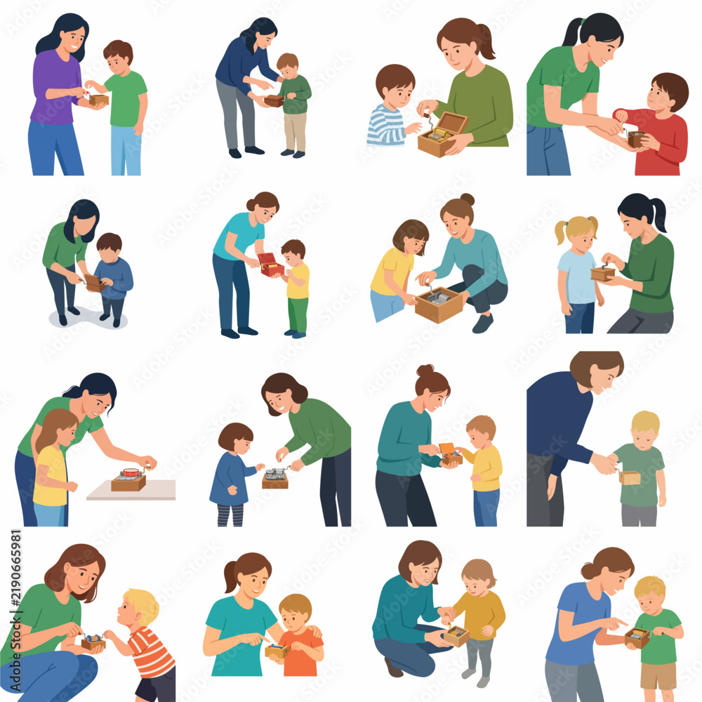 Fototapeta premium Vector illustration set featuring mothers and children interacting, sharing gifts, and bonding in various poses. Flat design characters isolated on white background for parenting and family concepts.