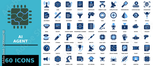 Set of sixty blue technology and industrial icons on white background