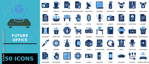 Set of fifty blue flat office and technology icons on white background
