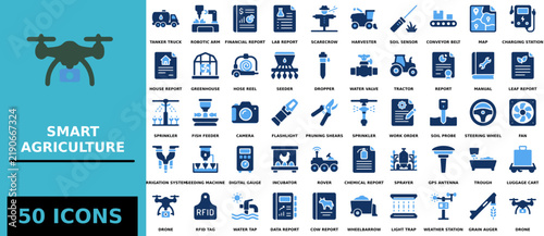 Smart agriculture farming technology icon set in blue and black