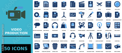 Video production flat icon set for media and film industry projects