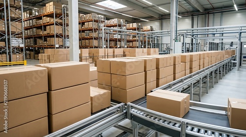 Cardboard Boxes on Industrial Conveyor Belt in Large Warehouse Distribution Center