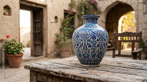 Blue and White Patterned Ceramic Pottery Vase on Rustic Wooden Table