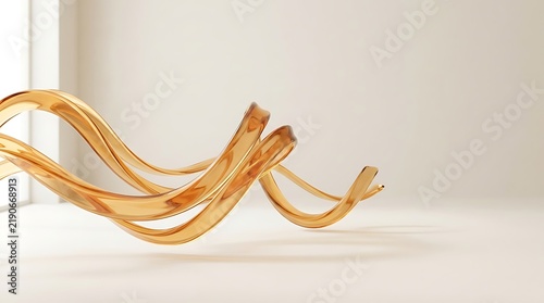 Abstract amber glass ribbons twisting in a bright minimalist space with soft lighting