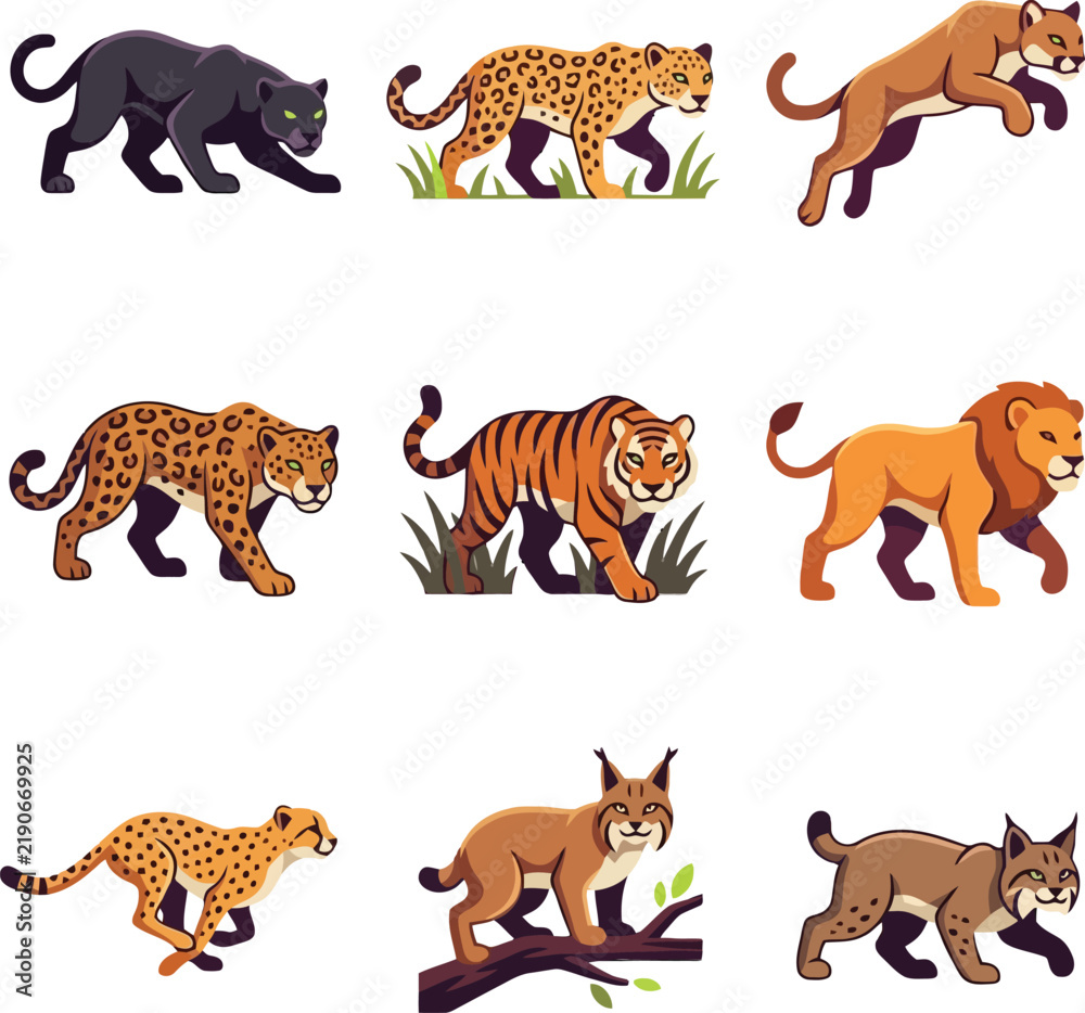 Obraz premium Nine distinct wild cats, including a black panther, leopard, cougar, jaguar, tiger, lion, cheetah, lynx, and sabertooth tiger, are illustrated in various walking and pouncing poses.