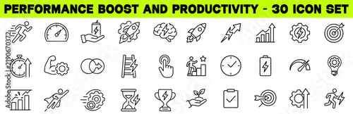 Performance Boost and Productivity Icon Set. Featuring KPI Tracker, Performance Review, Goal Setting, Benchmarking, Work Balance. Editable Vector Icons