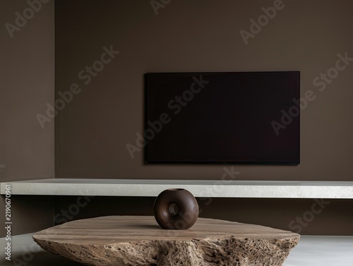 Minimalist TV living room with organic stone coffee table and sculptural decor in moody quiet luxury interior