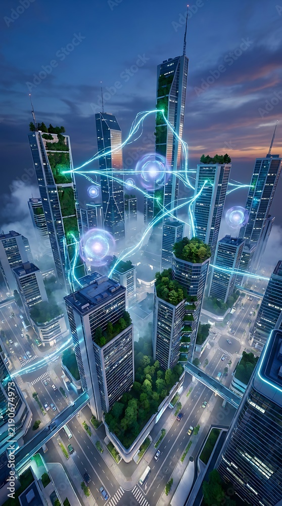 Fototapeta premium Futuristic ecofriendly city skyline with glowing light energy connections at twilight