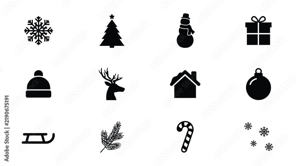 Fototapeta premium Black and white winter holiday icons arranged in a clean grid layout with holiday symbols structured collection simple black structured four three