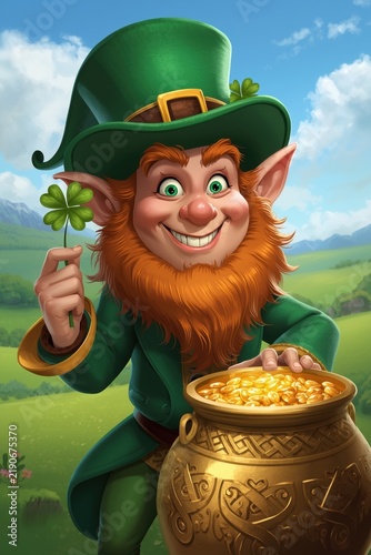 A slyly smiling leprechaun with a red beard holding a four-leaf clover next to a large pot full of gold coins against the green hills of Ireland.