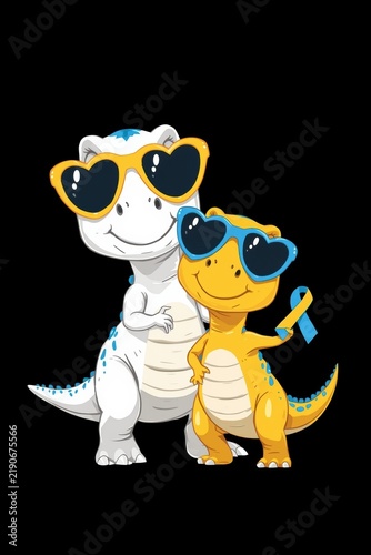 Two cute dinosaurs in heart-shaped sunglasses, while a small yellow tyrannosaurus holds a blue ribbon in its paws on a black background.