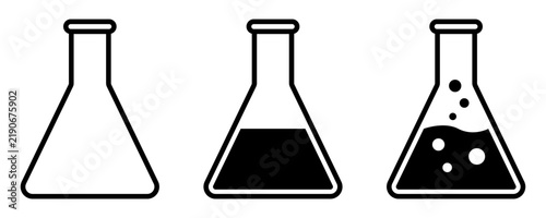 Laboratory Flask Vector Icons Set Empty, Half Filled, and Bubbling Chemical Reaction